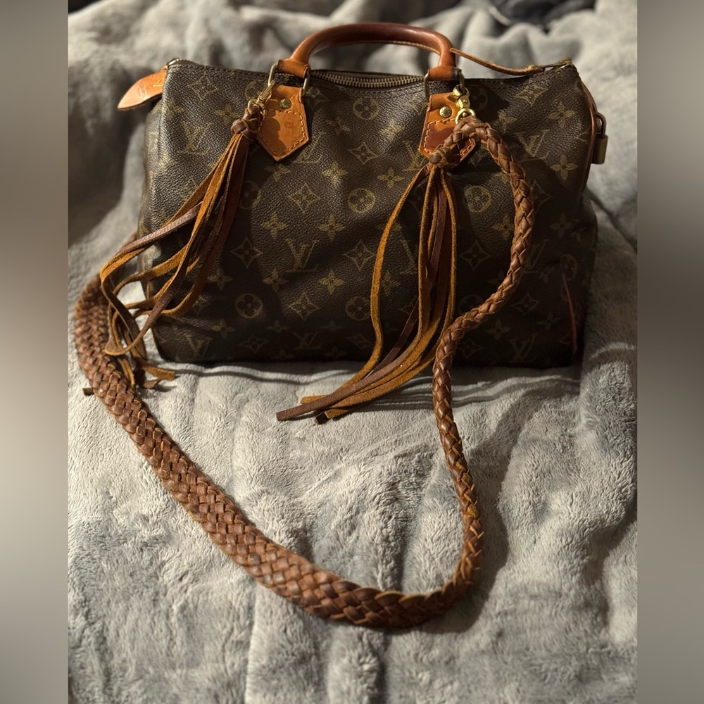 Lv speedy 30 with hand made leather fringe and braided strap. Authentic.